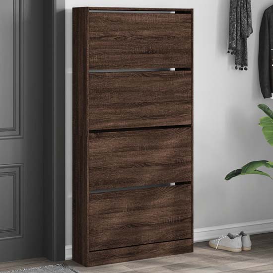 Lowell Shoe Storage Cabinet With 4 Flip-Drawers In Brown Oak