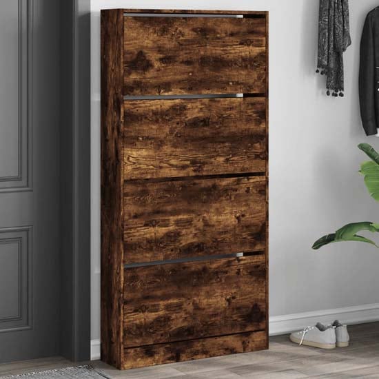 Lowell Shoe Storage Cabinet With 4 Flip-Drawers In Smoked Oak