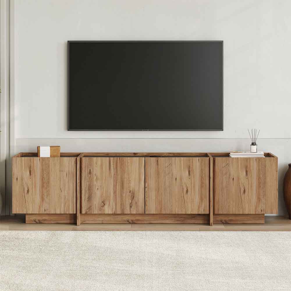 Lowenio Wooden TV Stand with 4 Doors in Atlantic Pine and Anthracite