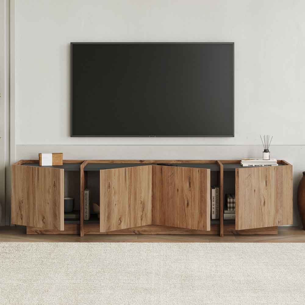 Lowenio Wooden TV Stand with 4 Doors in Atlantic Pine and Anthracite