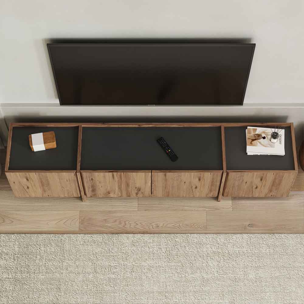 Lowenio Wooden TV Stand with 4 Doors in Atlantic Pine and Anthracite