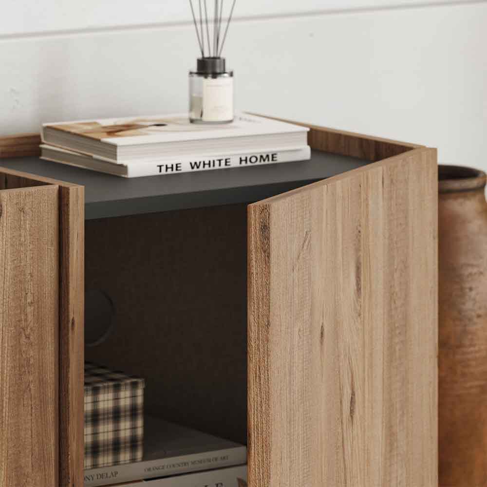 Lowenio Wooden TV Stand with 4 Doors in Atlantic Pine and Anthracite