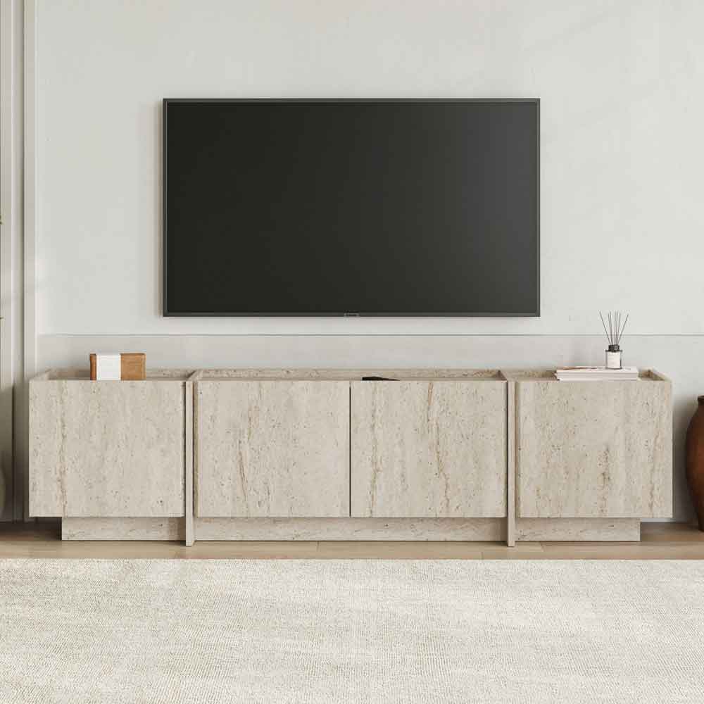 Lowenio Wooden TV Stand with 4 Doors in Travertine Marble Effect