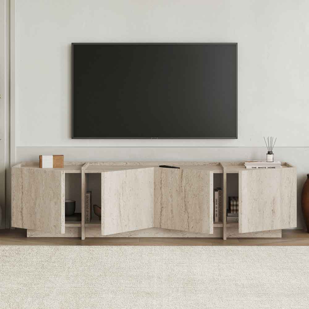 Lowenio Wooden TV Stand with 4 Doors in Travertine Marble Effect