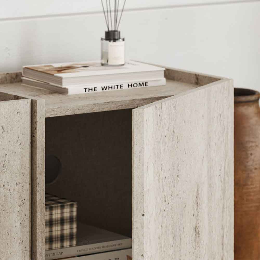 Lowenio Wooden TV Stand with 4 Doors in Travertine Marble Effect