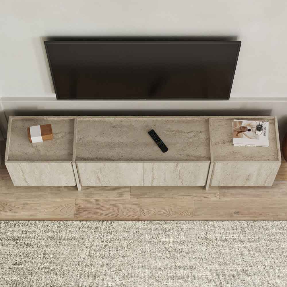 Lowenio Wooden TV Stand with 4 Doors in Travertine Marble Effect