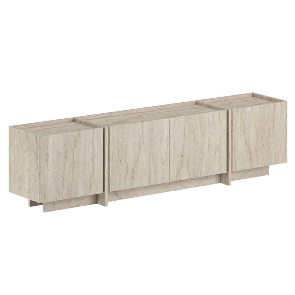 Lowenio Wooden TV Stand with 4 Doors in Travertine Marble Effect