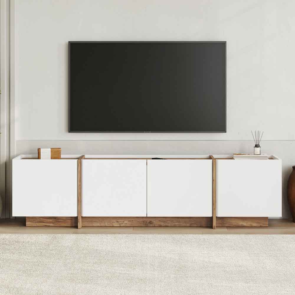 Lowenio Wooden TV Stand with 4 Doors in White and Atlantic Pine