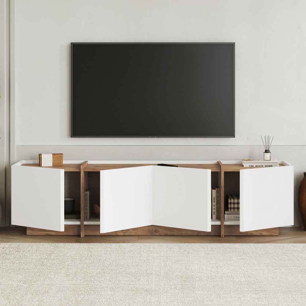 Lowenio Wooden TV Stand with 4 Doors in White and Atlantic Pine