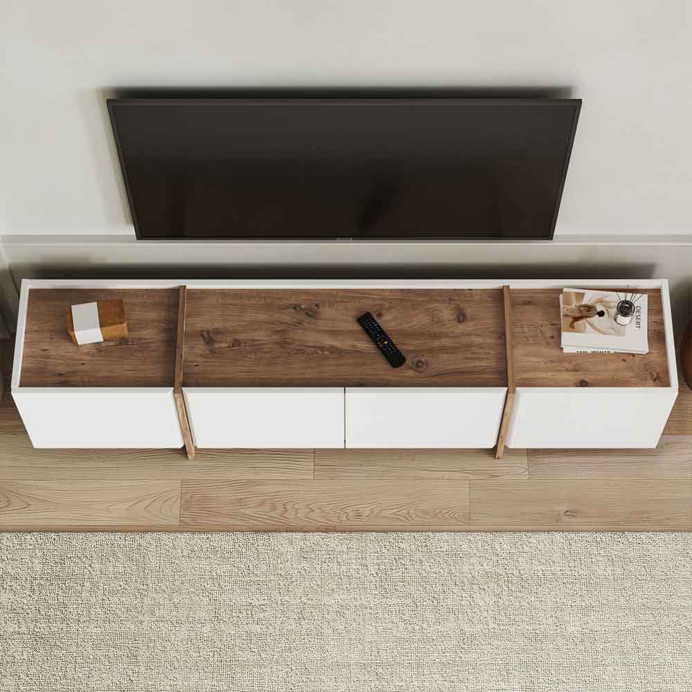 Lowenio Wooden TV Stand with 4 Doors in White and Atlantic Pine