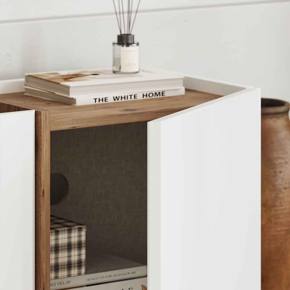 Lowenio Wooden TV Stand with 4 Doors in White and Atlantic Pine