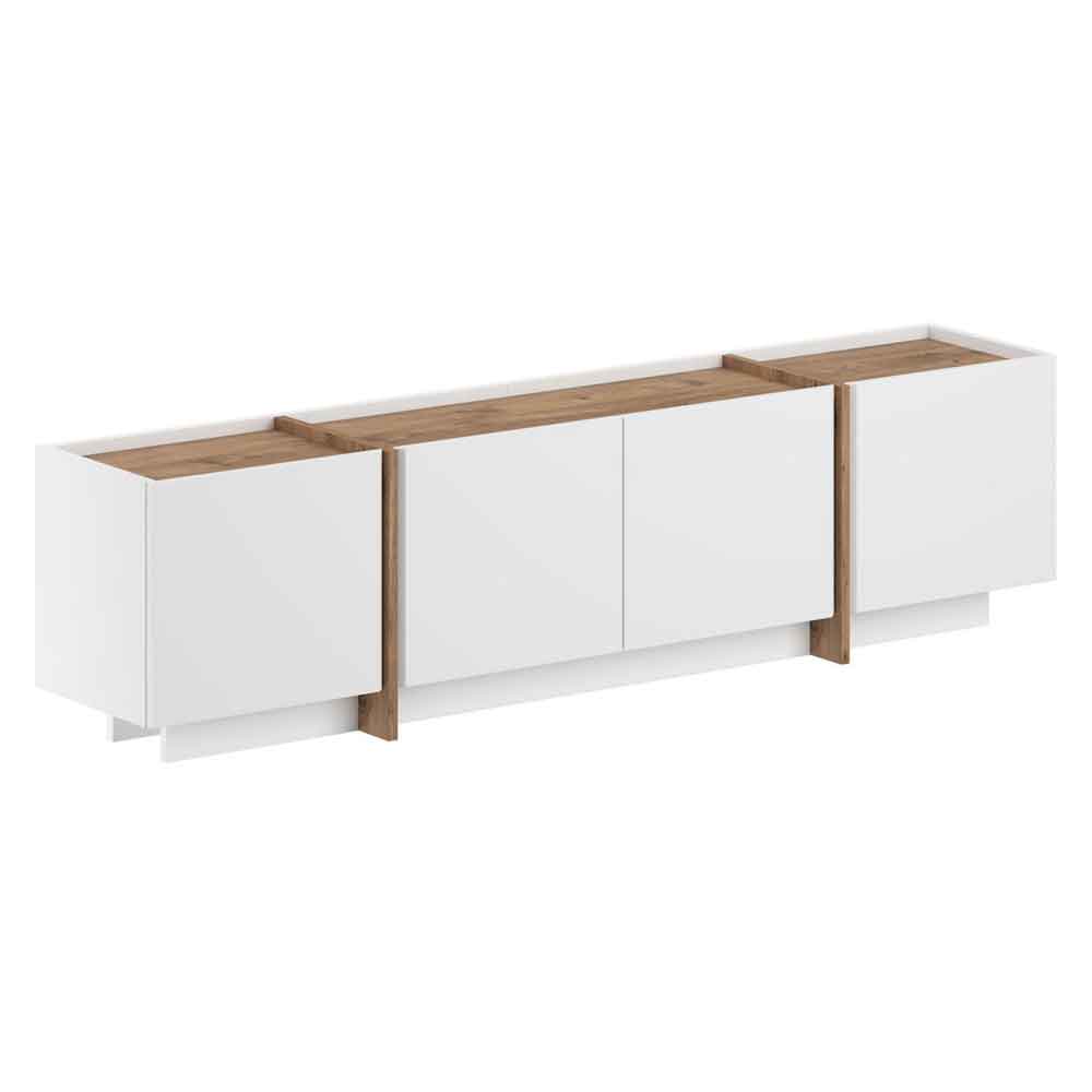 Lowenio Wooden TV Stand with 4 Doors in White and Atlantic Pine