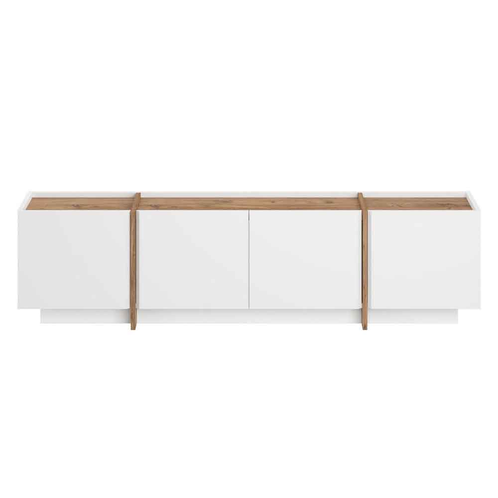 Lowenio Wooden TV Stand with 4 Doors in White and Atlantic Pine