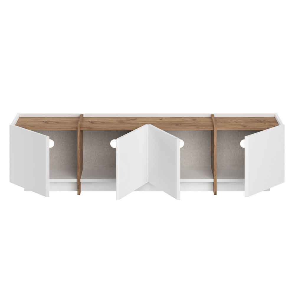 Lowenio Wooden TV Stand with 4 Doors in White and Atlantic Pine