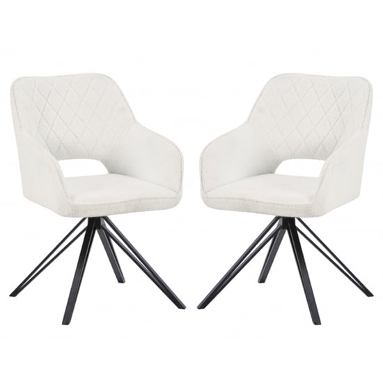 Lublin Swivel White Boucle Fabric Dining Chairs In Pair