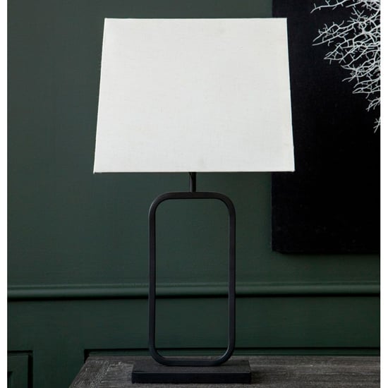 Photo of Lucasto natural fabric shade table lamp with black metal base