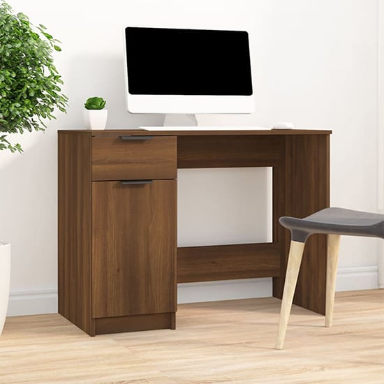 Product photograph of Lucos Wooden Laptop Desk With 1 Door 1 Drawer In Brown Oak from Furniture in Fashion