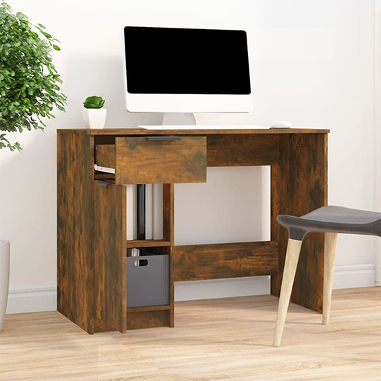 Lucos Wooden Laptop Desk With 1 Door 1 Drawer In Smoked Oak
