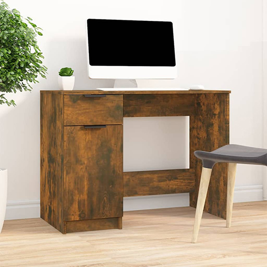 Product photograph of Lucos Wooden Laptop Desk With 1 Door 1 Drawer In Smoked Oak from Furniture in Fashion