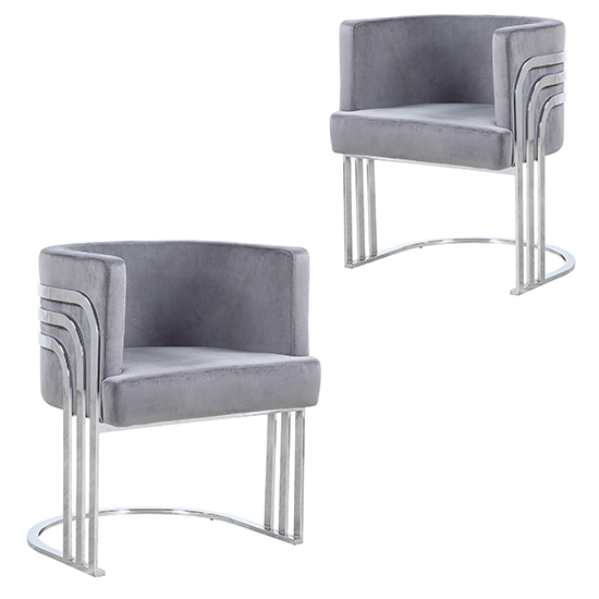 Lula Grey Velvet Dining Chairs In Pair With Silver Legs FiF