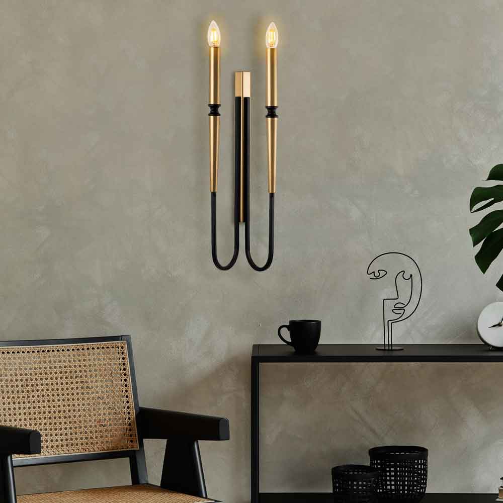 Lumi 2 Candel Shape Metal Wall Lamp in Black and Gold
