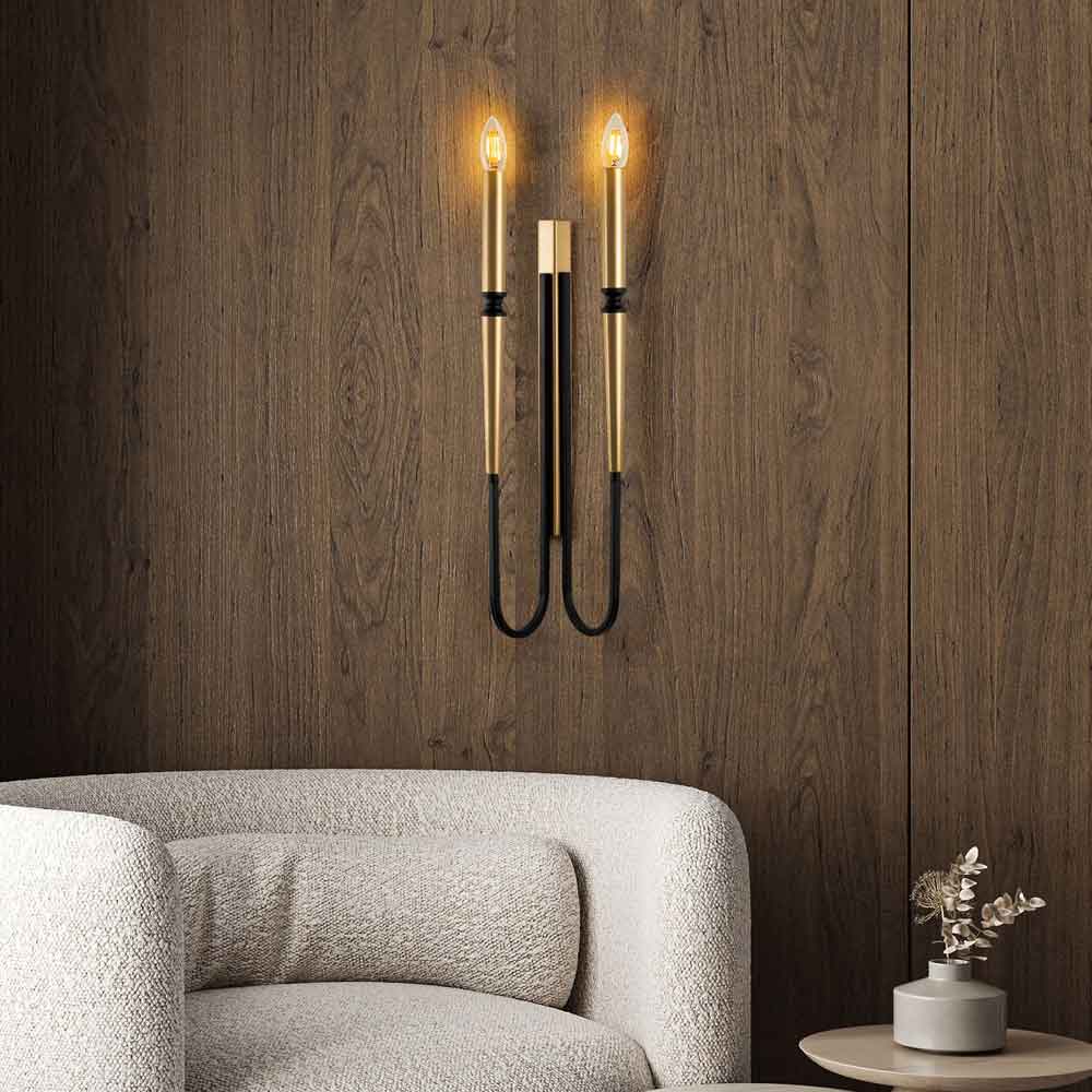 Lumi 2 Candel Shape Metal Wall Lamp in Black and Gold