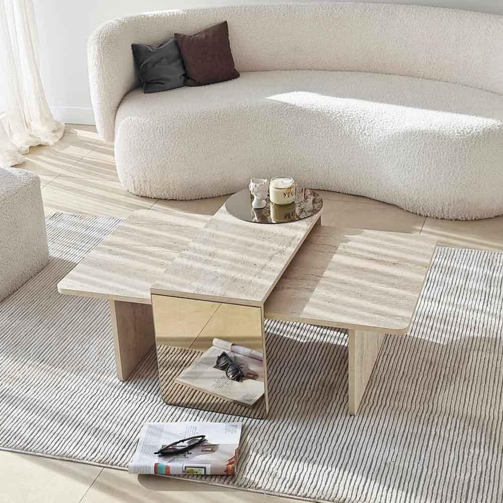 Luna Rectangular Wooden Nest of 2 Tables in Travertine Marble Effect