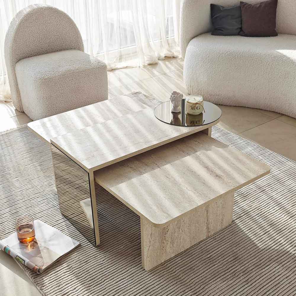 Luna Rectangular Wooden Nest of 2 Tables in Travertine Marble Effect