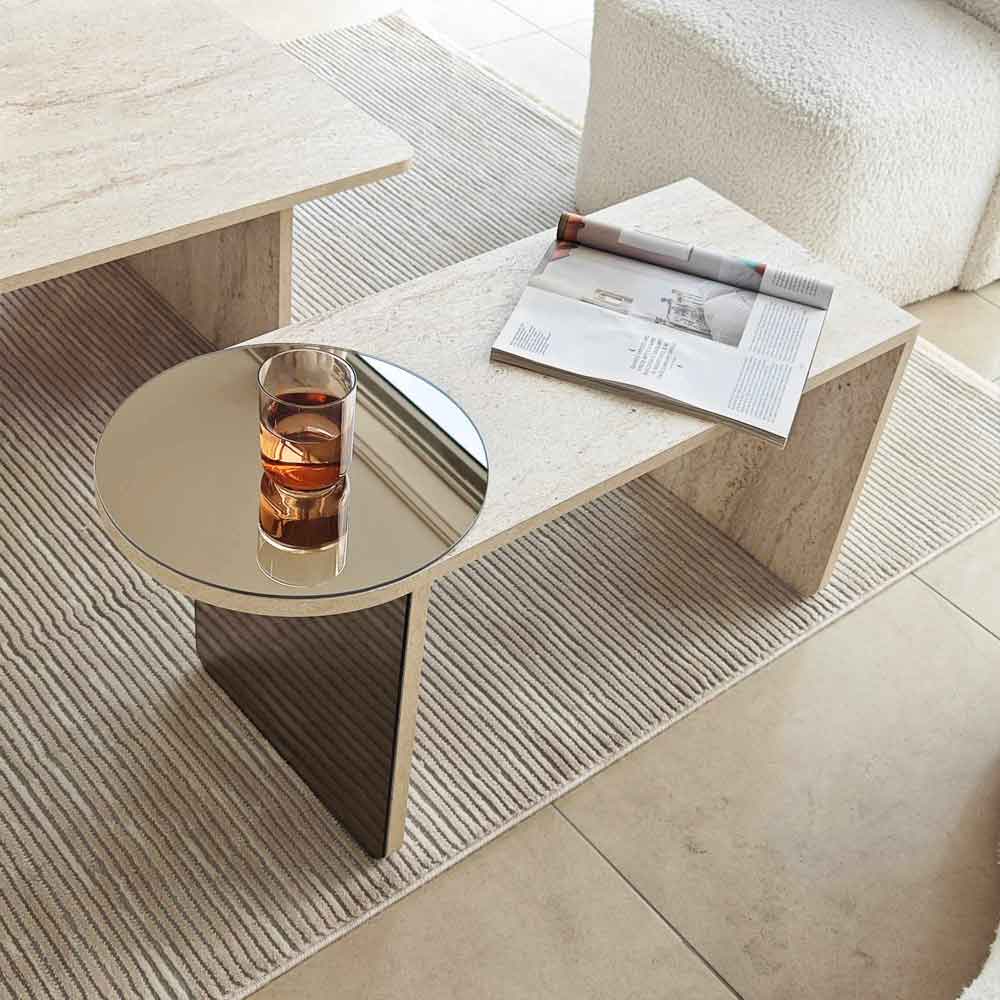 Luna Rectangular Wooden Nest of 2 Tables in Travertine Marble Effect
