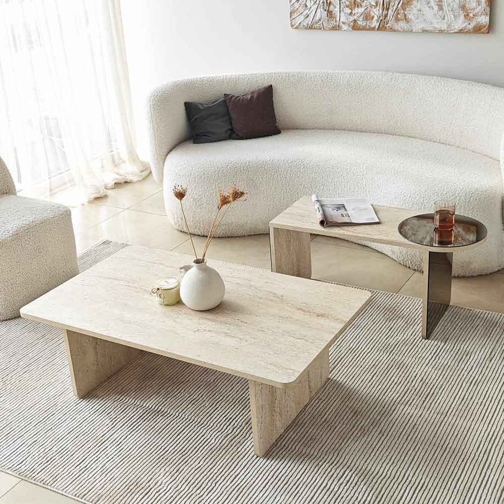 Luna Rectangular Wooden Nest of 2 Tables in Travertine Marble Effect