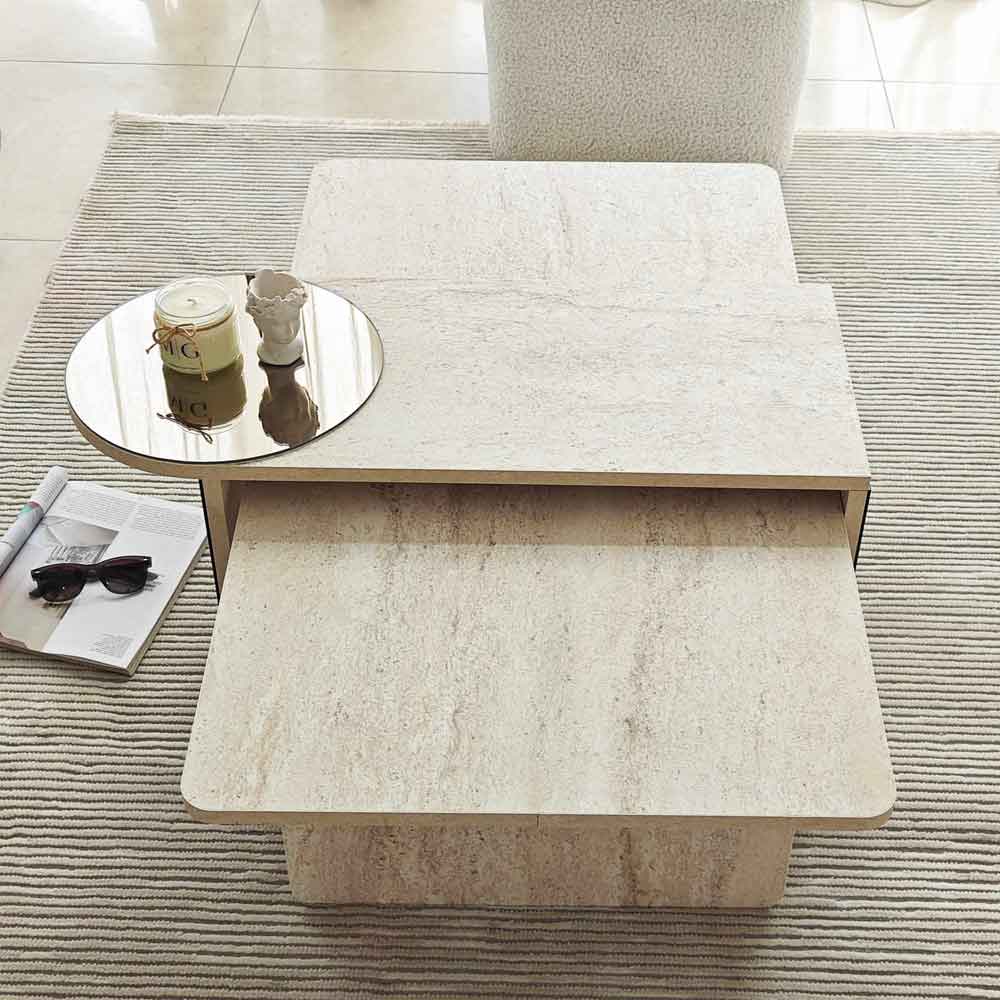 Luna Rectangular Wooden Nest of 2 Tables in Travertine Marble Effect