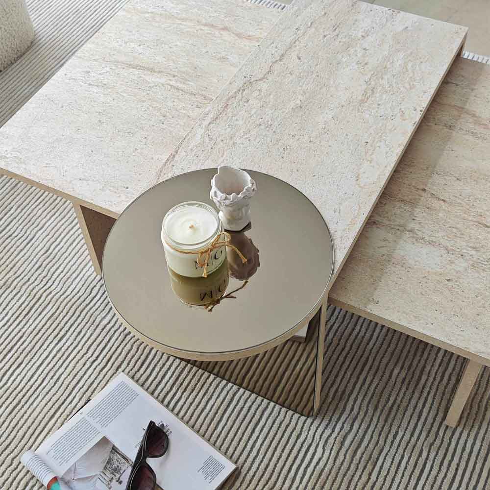 Luna Rectangular Wooden Nest of 2 Tables in Travertine Marble Effect