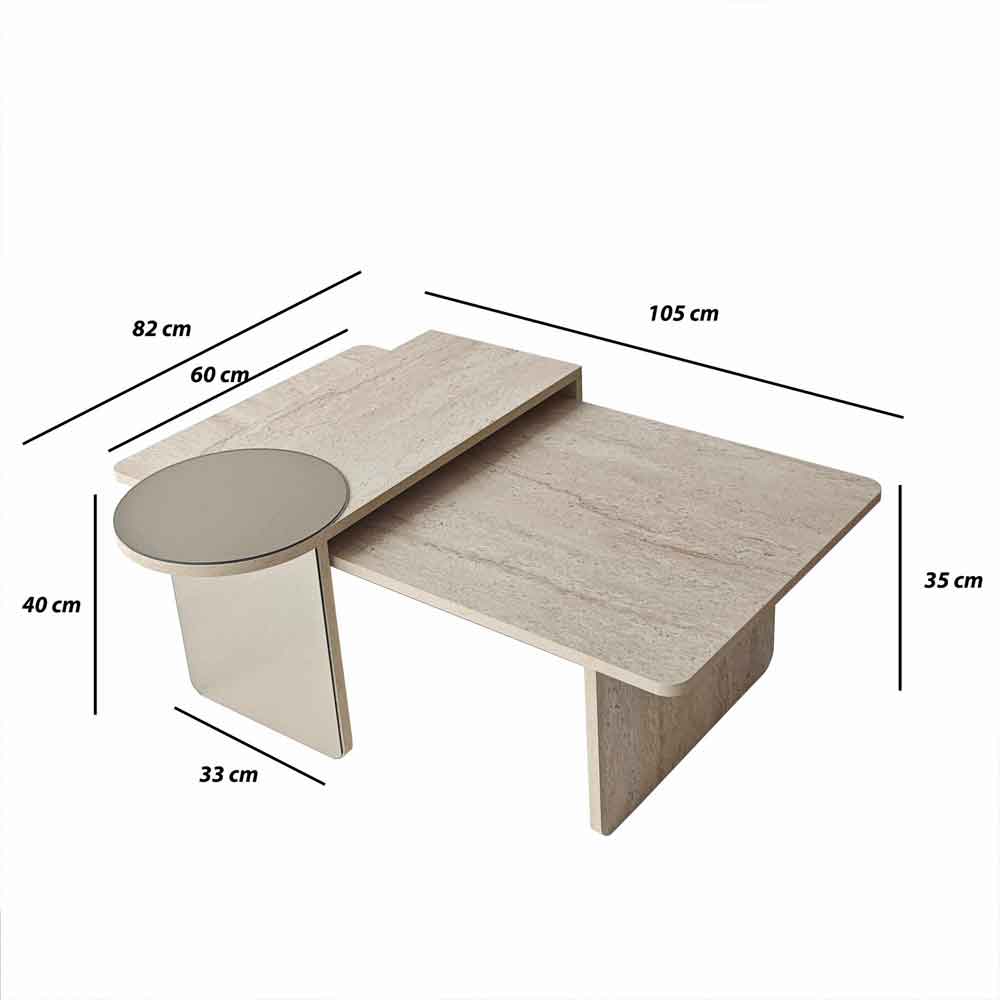 Luna Rectangular Wooden Nest of 2 Tables in Travertine Marble Effect