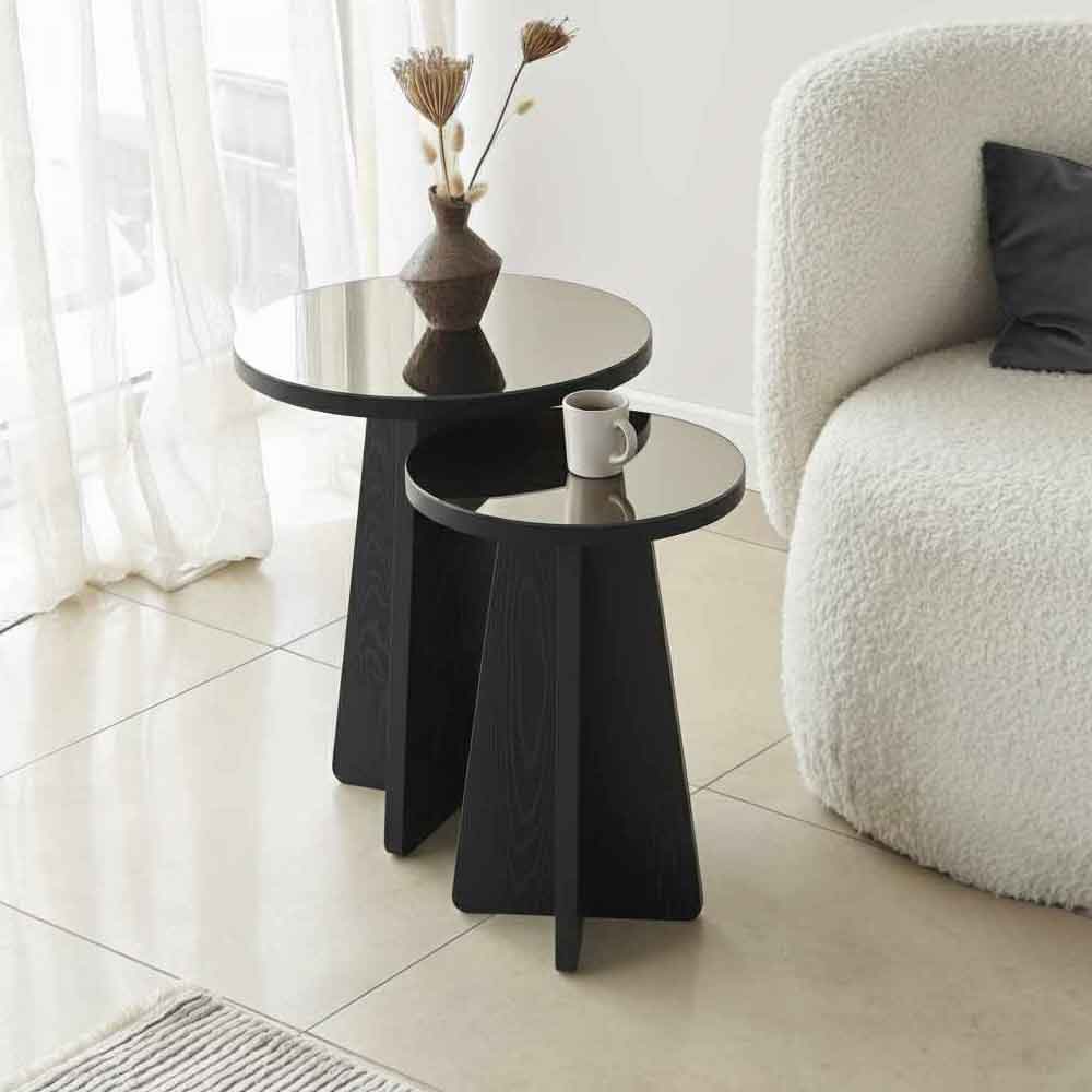 Luna Round Wooden Nest of 2 Side Tables in Black