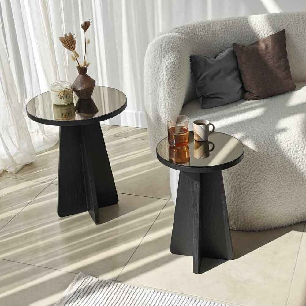 Luna Round Wooden Nest of 2 Side Tables in Black