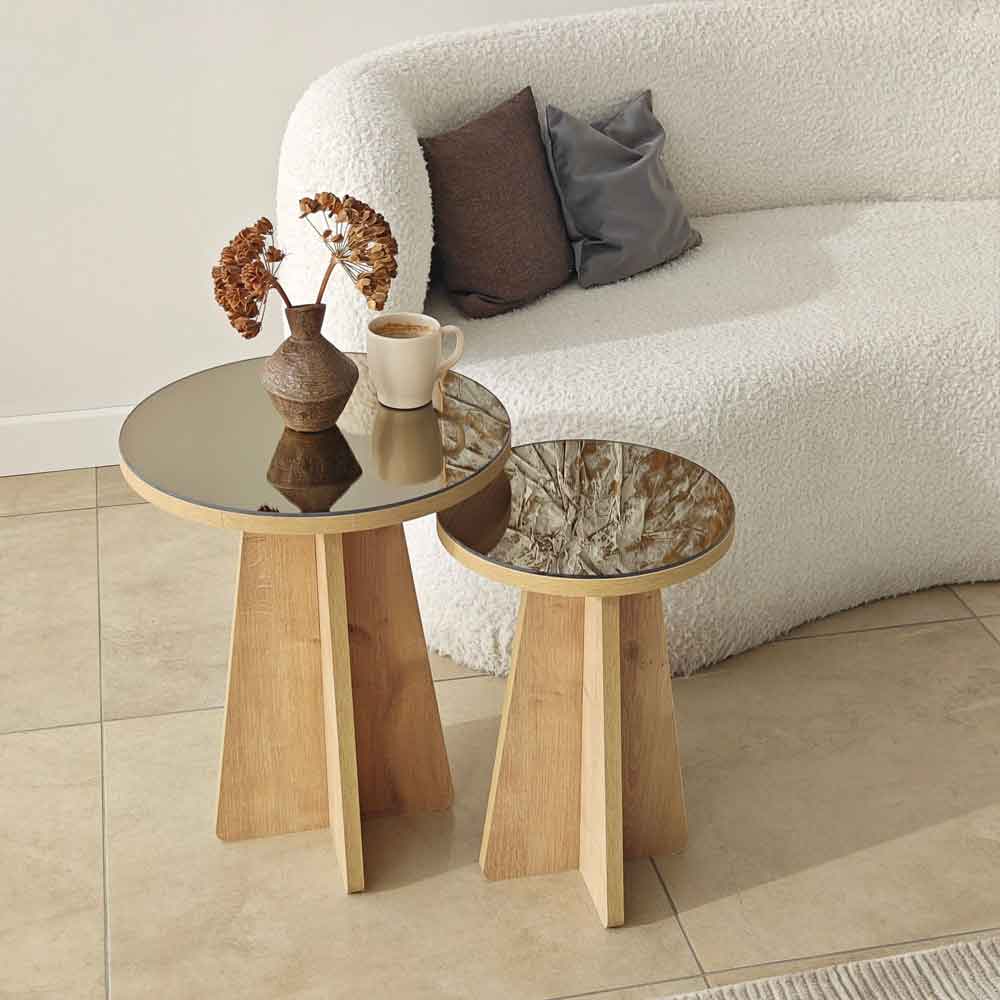Luna Round Wooden Nest of 2 Side Tables in Bronze and Sapphire Oak