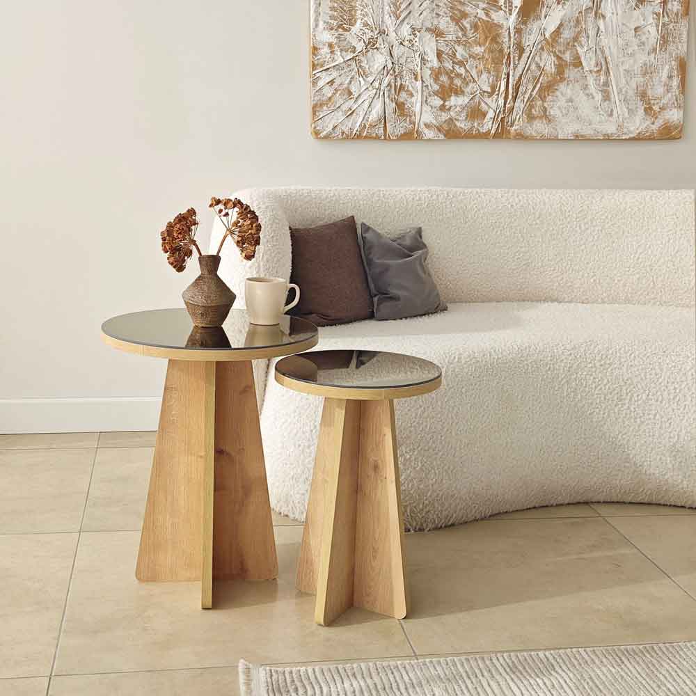 Luna Round Wooden Nest of 2 Side Tables in Bronze and Sapphire Oak