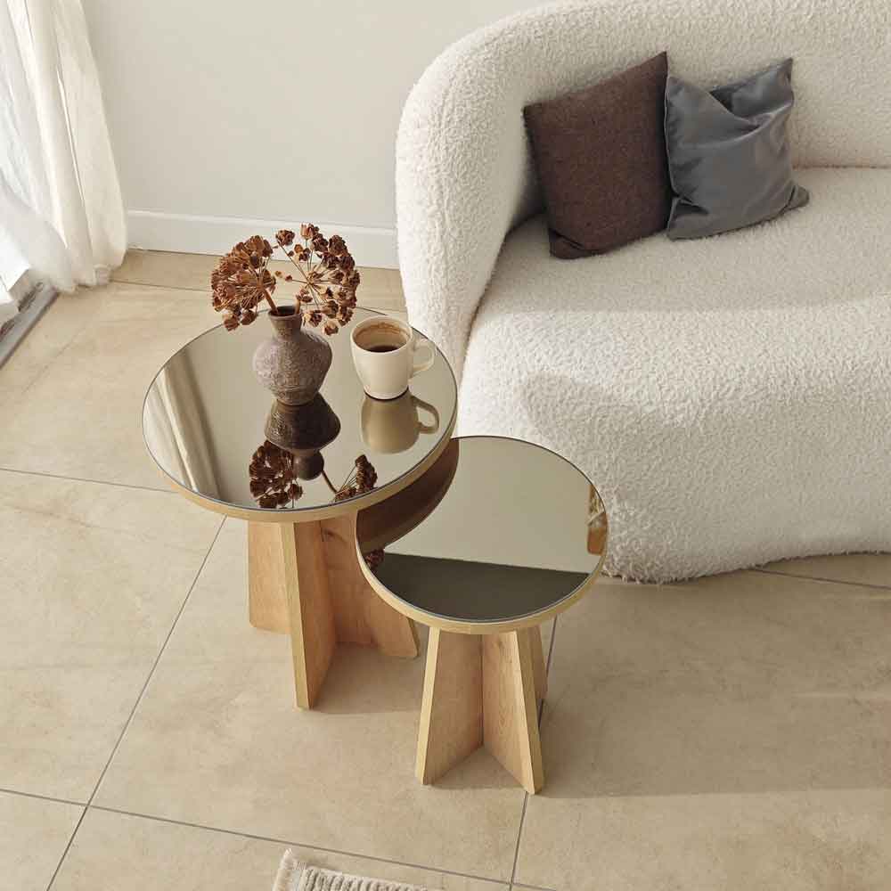 Luna Round Wooden Nest of 2 Side Tables in Bronze and Sapphire Oak