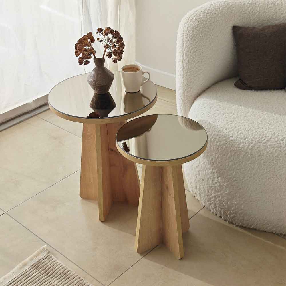 Luna Round Wooden Nest of 2 Side Tables in Bronze and Sapphire Oak
