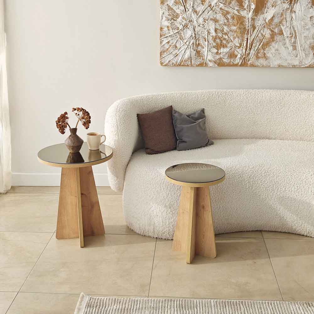 Luna Round Wooden Nest of 2 Side Tables in Bronze and Sapphire Oak