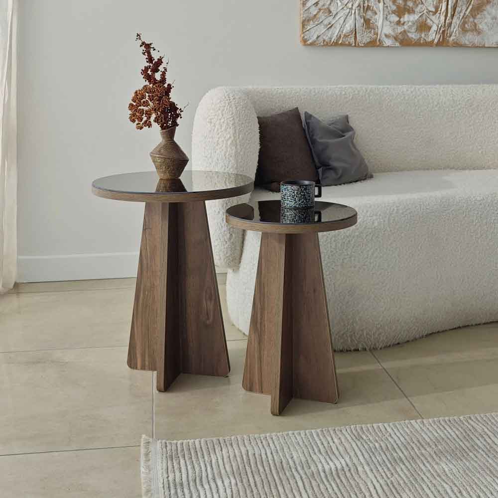 Luna Round Wooden Nest of 2 Side Tables in Bronze and Walnut