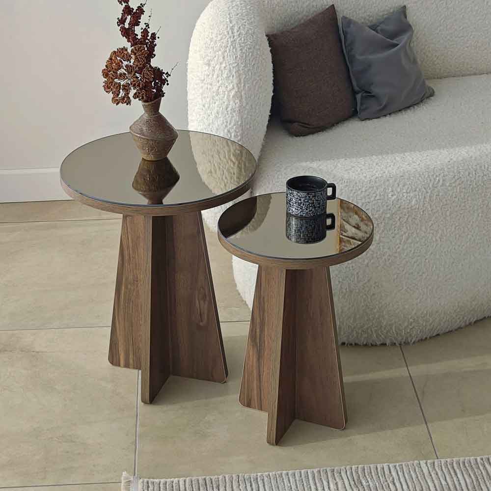 Luna Round Wooden Nest of 2 Side Tables in Bronze and Walnut