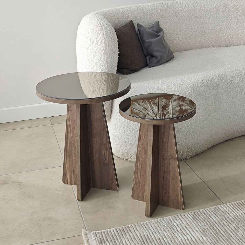 Luna Round Wooden Nest of 2 Side Tables in Bronze and Walnut
