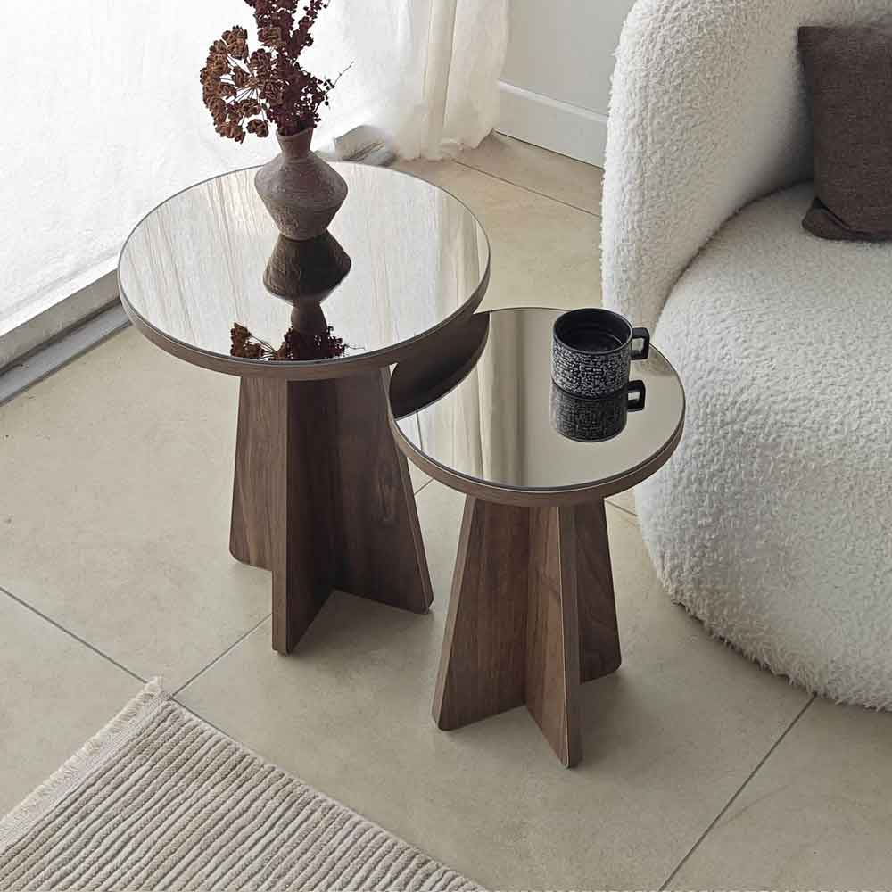 Luna Round Wooden Nest of 2 Side Tables in Bronze and Walnut