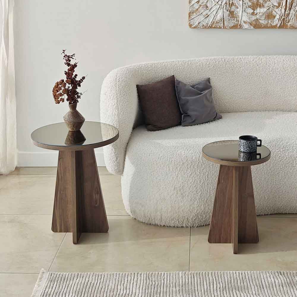 Luna Round Wooden Nest of 2 Side Tables in Bronze and Walnut
