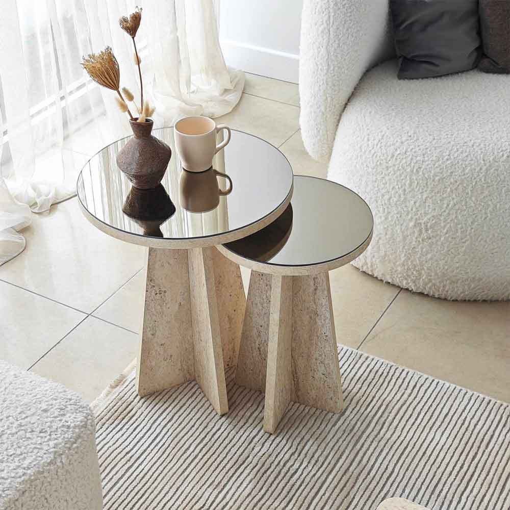 Luna Round Wooden Nest of 2 Side Tables in Travertine Marble Effect