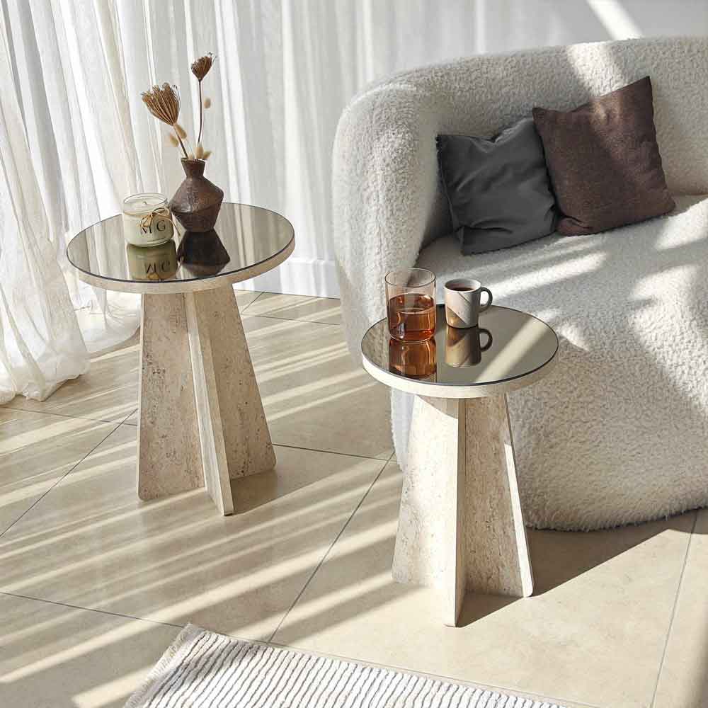 Luna Round Wooden Nest of 2 Side Tables in Travertine Marble Effect
