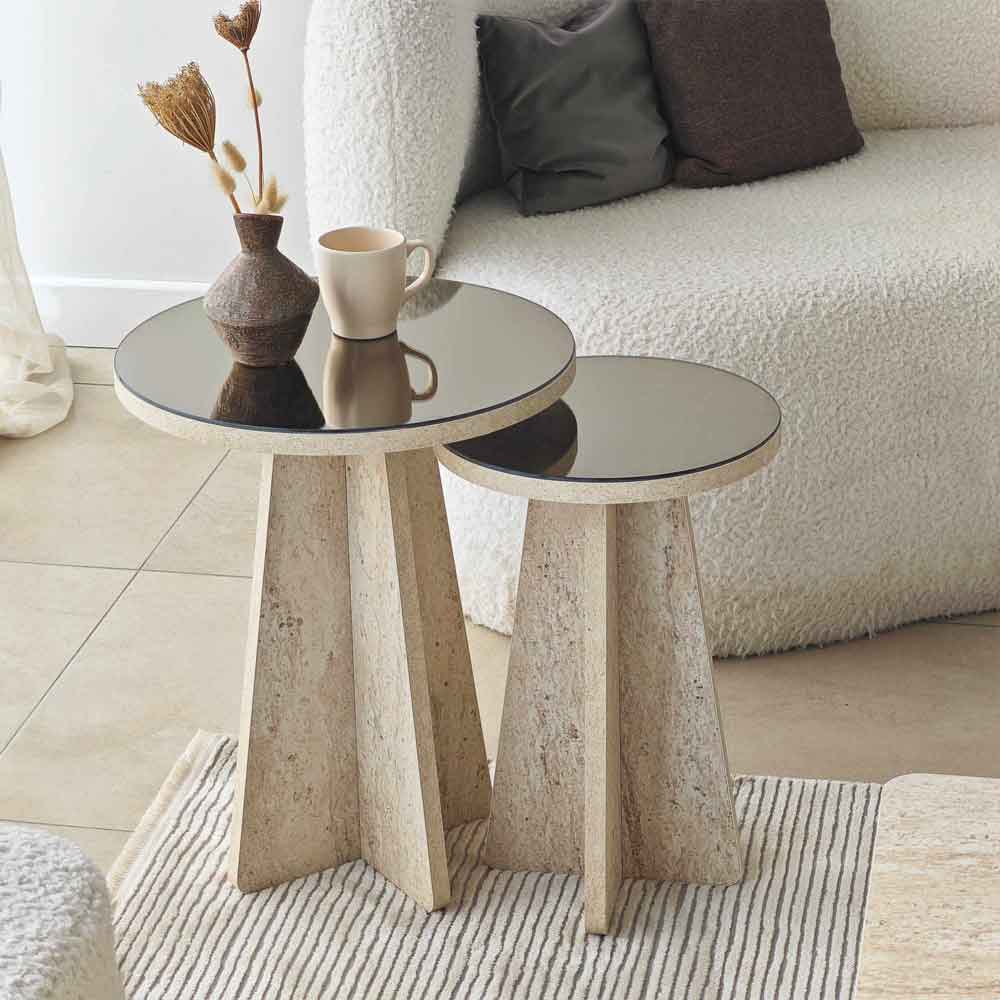 Luna Round Wooden Nest of 2 Side Tables in Travertine Marble Effect