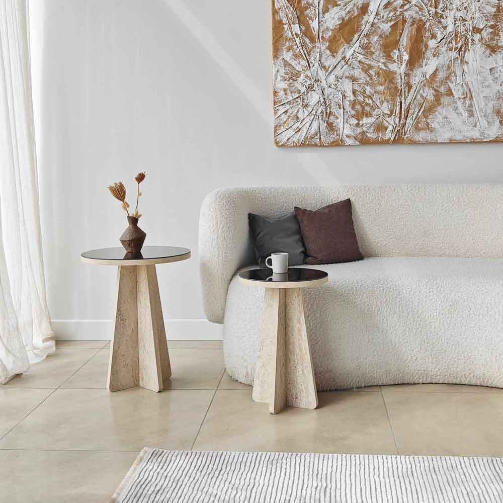 Luna Round Wooden Nest of 2 Side Tables in Travertine Marble Effect