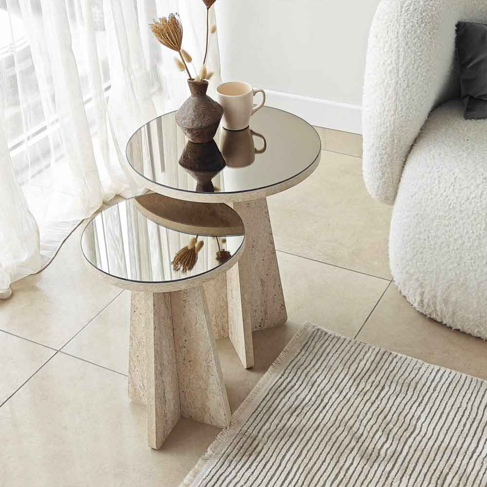 Luna Round Wooden Nest of 2 Side Tables in Travertine Marble Effect